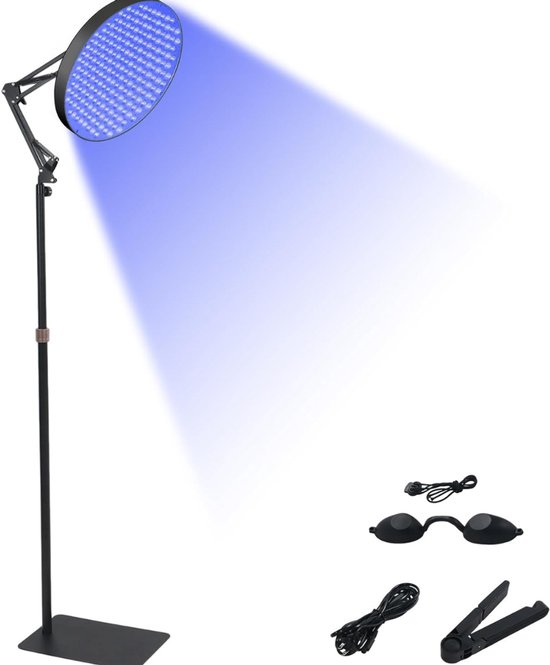 Blauwe lamp met een ronde lichtbron op een zwart statief, met accessoires zoals een bril en bevestigingsklem.