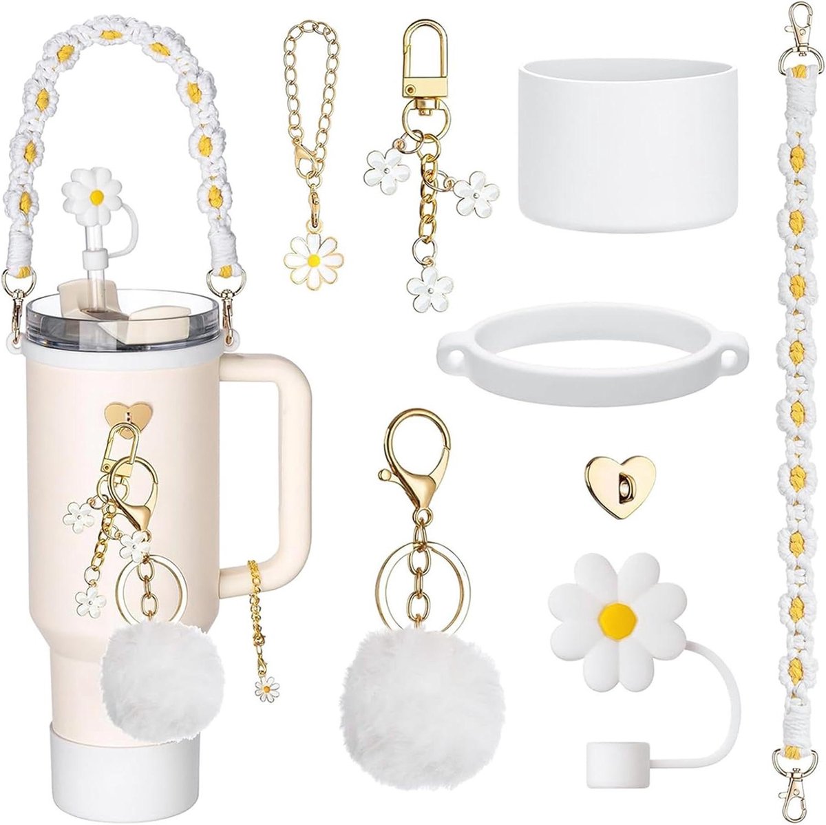 Image of Accessoires Set voor Drinkbeker, 8-delige set, Siliconen Bescherming, Handige Handvat, Strooideksel, Charms 30/40 oz Beker, Wit