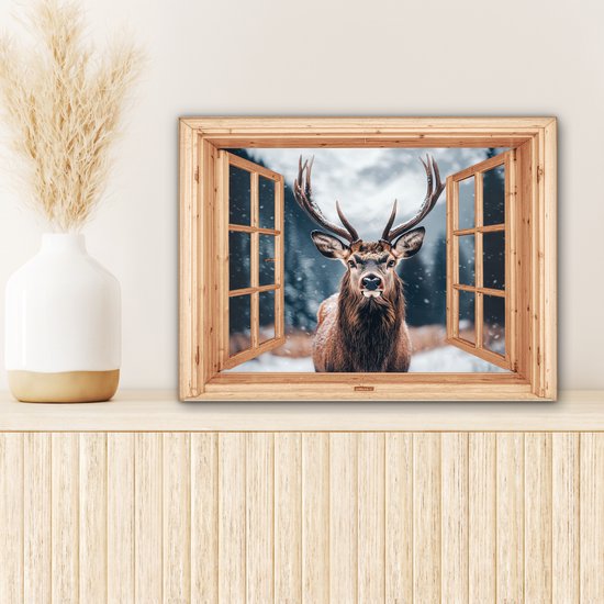 Canvas schilderij 40x30 cm - Wanddecoratie Doorkijk - Hert - Dieren - Winterlandschap - Sneeuw - Muurdecoratie woonkamer - Slaapkamer decoratie - Kamer accessoires - Schilderijen op canvas