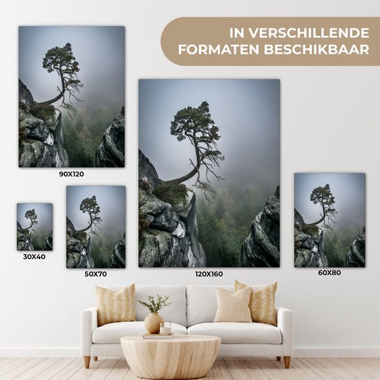 Peinture sur toile - Falaise - Arbres - Vert - Brouillard - Photo sur toile - Canvasdoek - 90x120 cm - Toile nature
