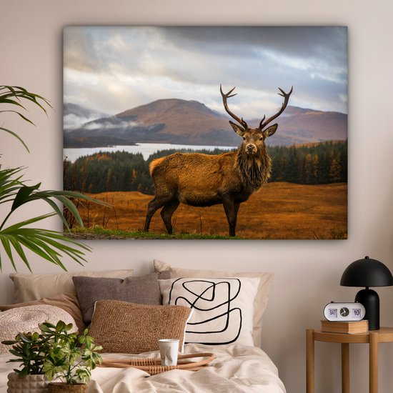 Tableau sur toile - Cerf avec paysage 160x120 - Accessoires de décoration de chambre nature - Peintures animaux de salon - Décoration murale chambre - Décoration murale cuisine - Tissu mural intérieur - Décoration maison - Accessoires de maison