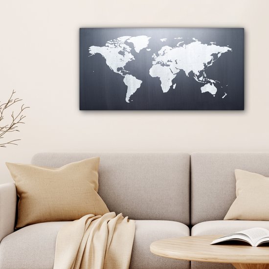 Peintures Toile Wereldkaart - Simple - Zwart - Wit - 80x40 cm - Décoration murale