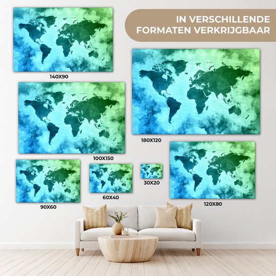 Wereldkaart avec peinture bleue qui passe au vert sur fond avec motif texturé 60x40 cm