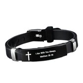 Christelijke Armband Unisex - Met Kruis & Bijbeltekst (Mattheüs 28:20) - Zwart Siliconen & RVS - Verstelbaar