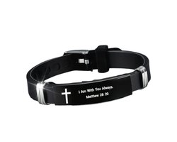 Christelijke Heren Armband - Zwart Siliconen & Roestvrij Staal - Gravure “Matthew 28:20 - I Am With You Always - Inspirerend Bijbel Sieraad - Verstelbare Armband - Gelovige Cadeautip - Stijlvol & Duurzaam Accessoire voor Mannen