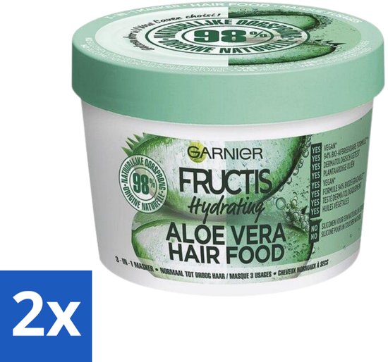 2 x Garnier - Fructis Hair Food Aloe Vera - Masque Capillaire 3 en 1 - Cheveux Normaux à Droog - 400 ml - Masque Cheveux - Aloe Vera - Cheveux Droog - Masque Hydratant - Garnier Fructis