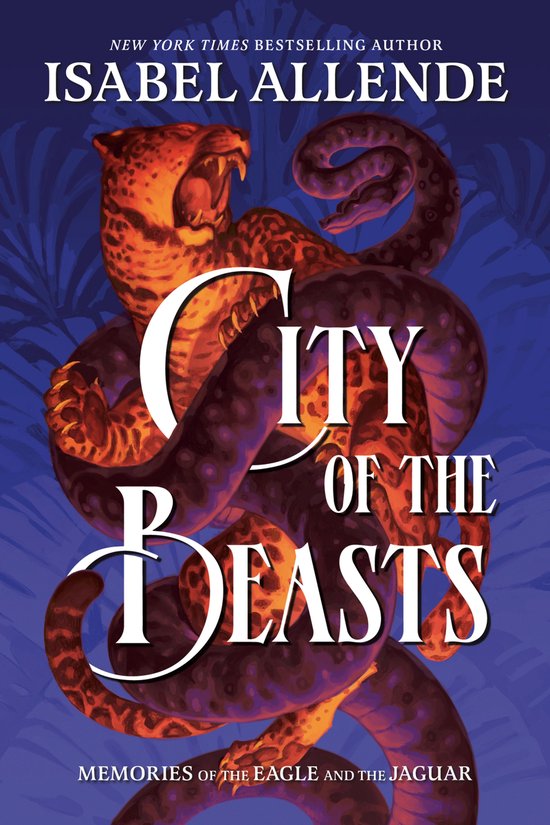 Boekomslag van 'City of the Beasts' met een jaguar en een slang, in de kleuren oranje, paars en blauw.