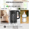 Zwarte Olvy waterkoker met digitale weergave van 73°C, naast afbeeldingen van heet water en een babyfles.