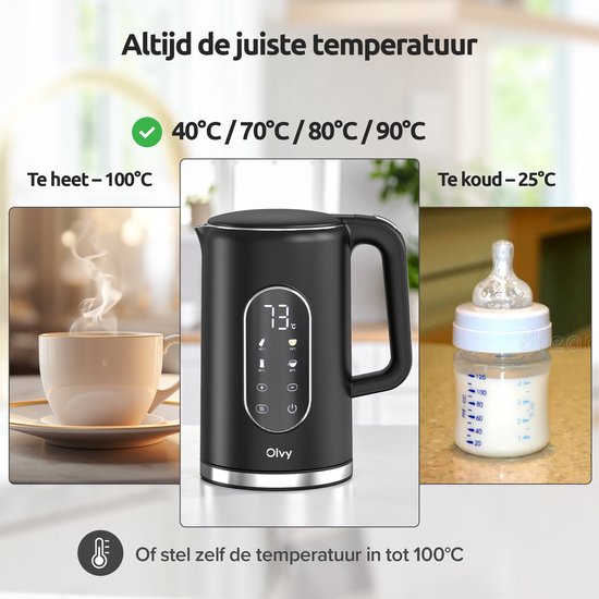 Zwarte Olvy waterkoker met digitale weergave van 73°C, naast afbeeldingen van heet water en een babyfles.