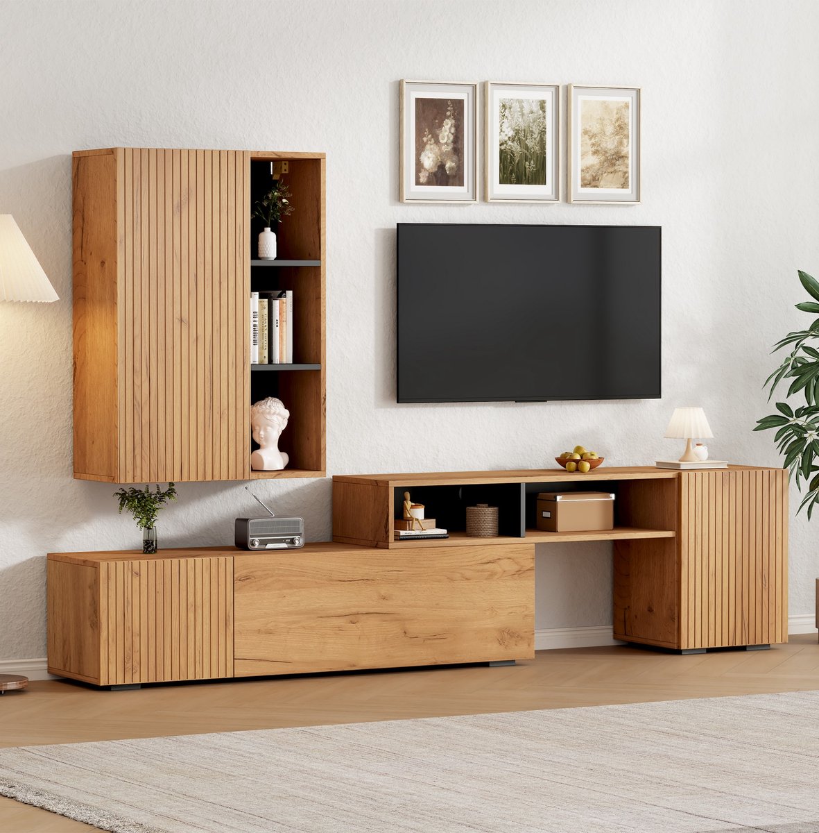 PHOEBE CAT TV-meubel set - Met vitrinekast - In lengte verstelbaar 265 cm - Geschikt voor TV 120 inch - Natuurlijke