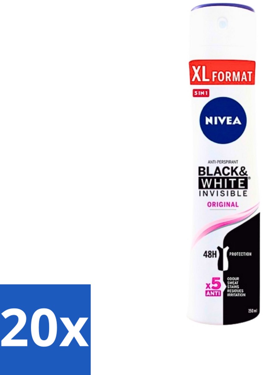 20 x Nivea - Deospray - Invisible Black & White Original - 48 Uur Lang Werkend - 250 ml - Anti-transpirant - Zweetvlekken - Kledingbescherming - Huidvriendelijk - 48 Uur Bescherming