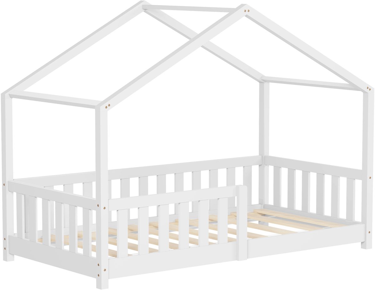 ml-design kinderbed huisbed 80x160 cm wit massief grenenhouten bed met dak lattenbodem en uitvalbescherming Montessori vloerbed speelbed juniorbed houten bedframe huisbed voor kinderen meisjes jongens kinderkamer jeugdbed stabiel veilig