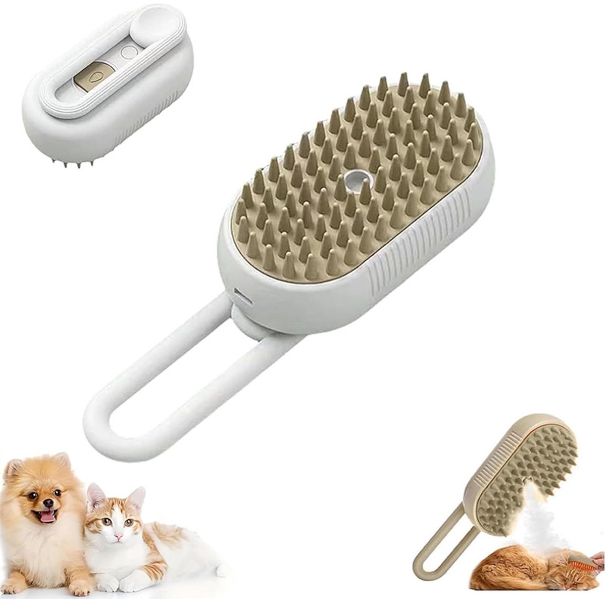 3-in-1 Zelfreinigende Kattenborstel met Stoom – Anti-verhaar & Ontklitborstel voor Katten en Honden – 360° Draaibare Siliconen Kop Verwijderd Haar eenvoudig – Huisdierenhaar Verwijderaar voor Vachtverzorging (Wit)