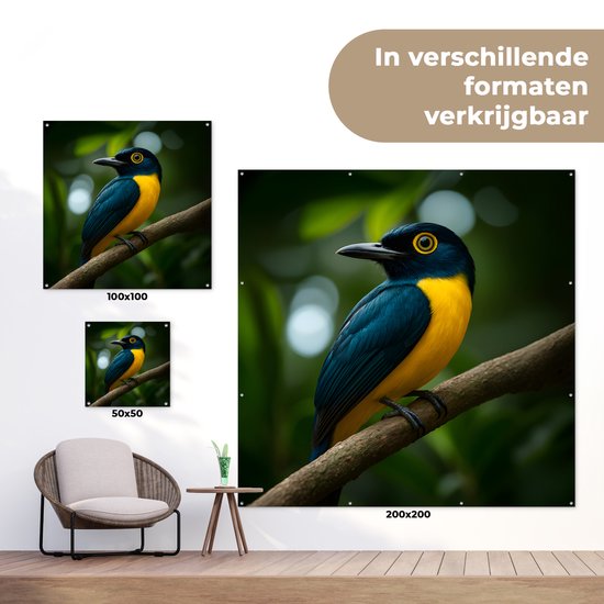 Affiche de jardin 100x100 cm - Décoration de jardin Vogel - Branche - Jaune - Feuilles - Affiche pour le jardin - Décoration extérieure - Tableau de jardin clôture - Décoration murale sur toile de jardin - Décoration murale sur toile de balcon