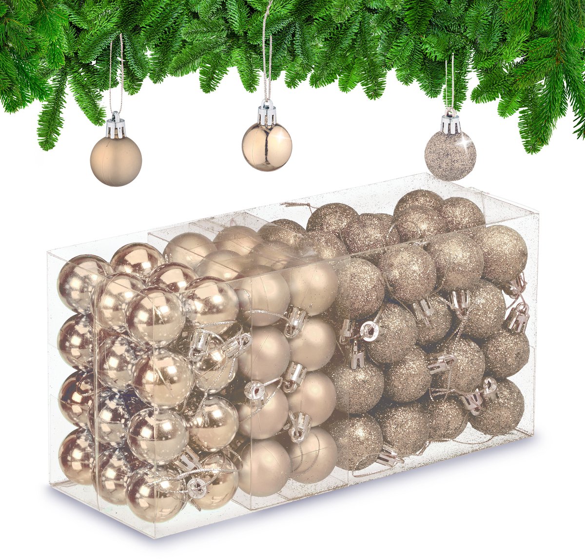 kerstballen set van 96 - plastic - 3 cm - mat - glanzend - glitters - champagne
