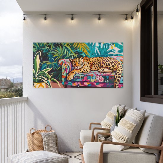 Affiche de jardin 160x80 cm - Décoration de jardin Léopard - Coloré - Tropical - Affiche pour le jardin - Décoration extérieure - Tableau de jardin clôture - Décoration murale sur toile de jardin - Décoration murale sur toile de balcon