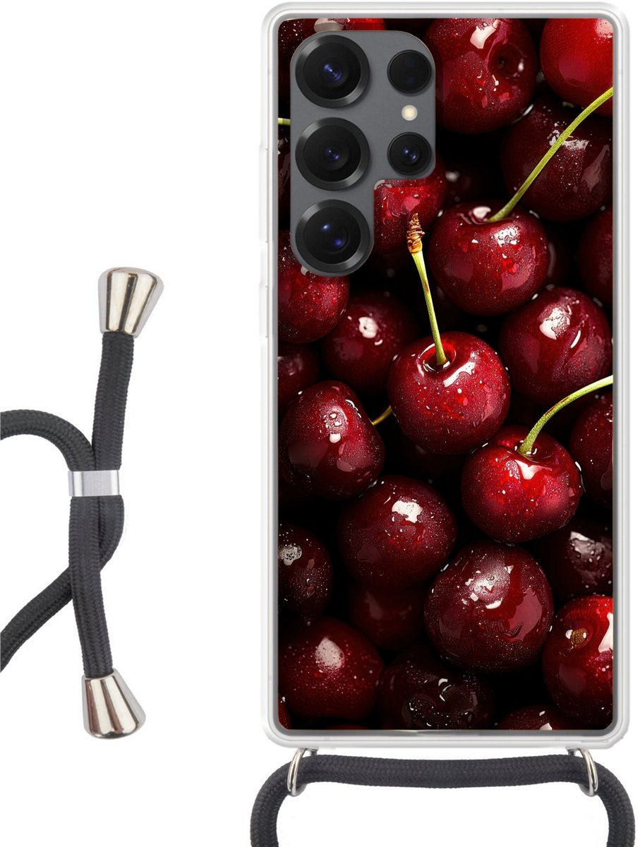 Telefoonhoesje Geschikt voor Samsung Galaxy S25 Ultra - Rood - Fruit - Kersen - Siliconen - Crossbody - Backcover met Koord - Telefoonhoesje met koord - Hoesje met touw Telefoonhoesje