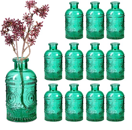 Mini vaasjes - set van 12 - 13 cm hoog - glas - groen