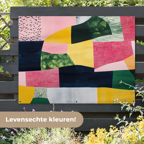 Affiche de jardin 160x120 cm - Décoration de jardin Abstrait - Rose - Patchs - Formes - Jaune - Affiche pour le jardin - Décoration extérieure - Tableau de jardin clôture - Décoration murale en tissu de jardin - Décoration murale en tissu de balcon