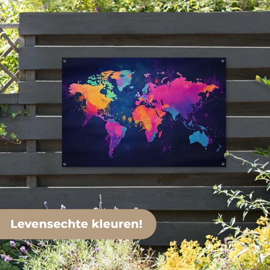 Tuinposter 120x80 cm - Tuindecoratie Wereldkaart - Kleurrijk - Graffiti - Poster voor in de tuin - Buiten decoratie - Schutting tuinschilderij - Tuindoek muurdecoratie - Wanddecoratie balkondoek