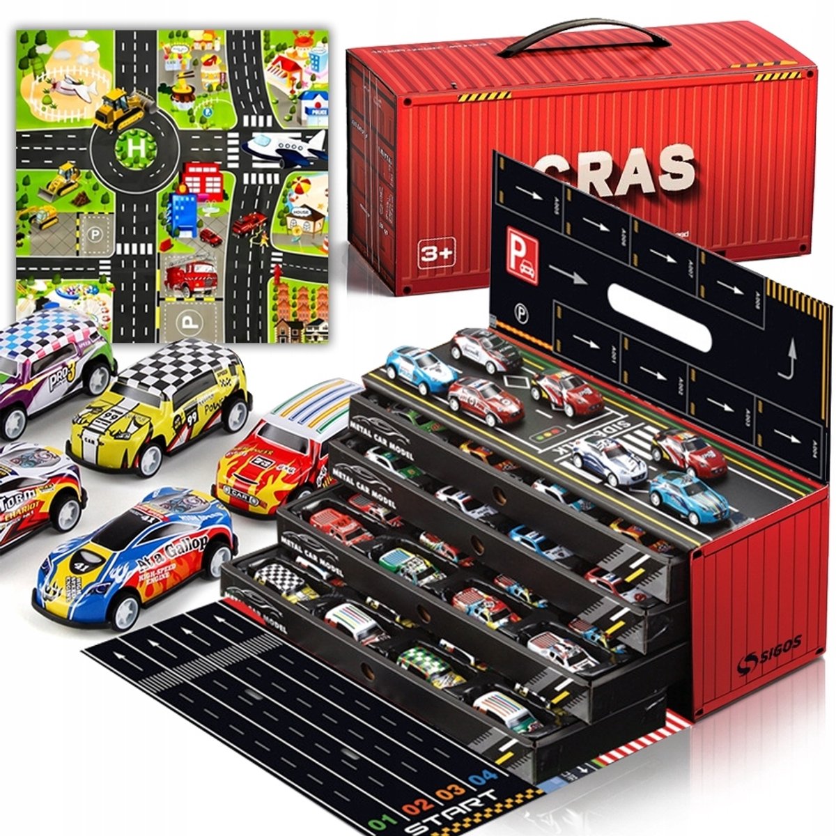 48 Metalen Pull-Back Autootjes in Container met Speelmat