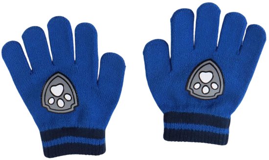 Een paar blauwe gebreide wanten met Paw Patrol logo.