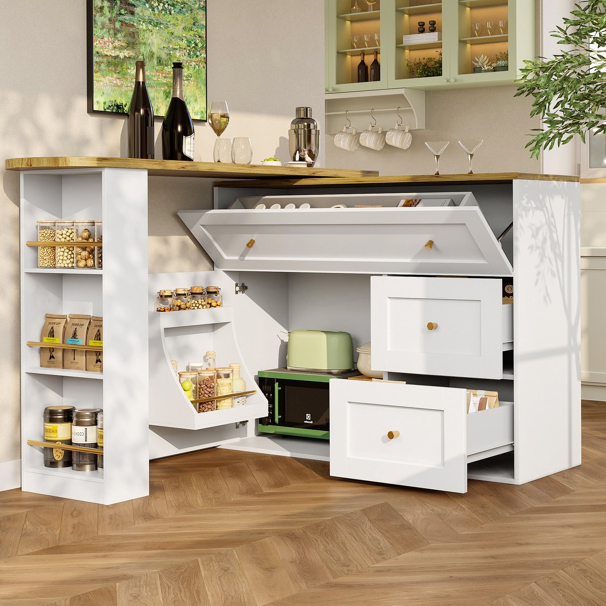 Uitschuifbare Bartafel (138-204x39x105 cm) - Witte Bar met Snackplank & Opbergruimte - Telescoop Keuken Eiland / Sideboard