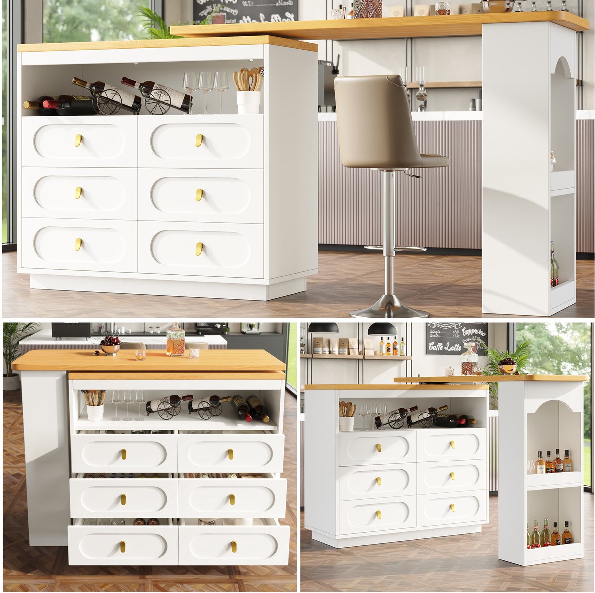 Hoge Kwaliteit Uitschuifbare Bartafel (138-203 cm) - 360° Draaibaar op Wielen met Lades - Wit Moderne Bar voor Keuken, Woonkamer & Kantoor