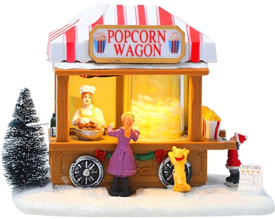 Kerstdorp Verzamelbare Gebouwen - Popcorn Huis met LED Licht & Muziek USB - Binnen Chalet Figuren Decoratie - Kerst Binnenversiering
