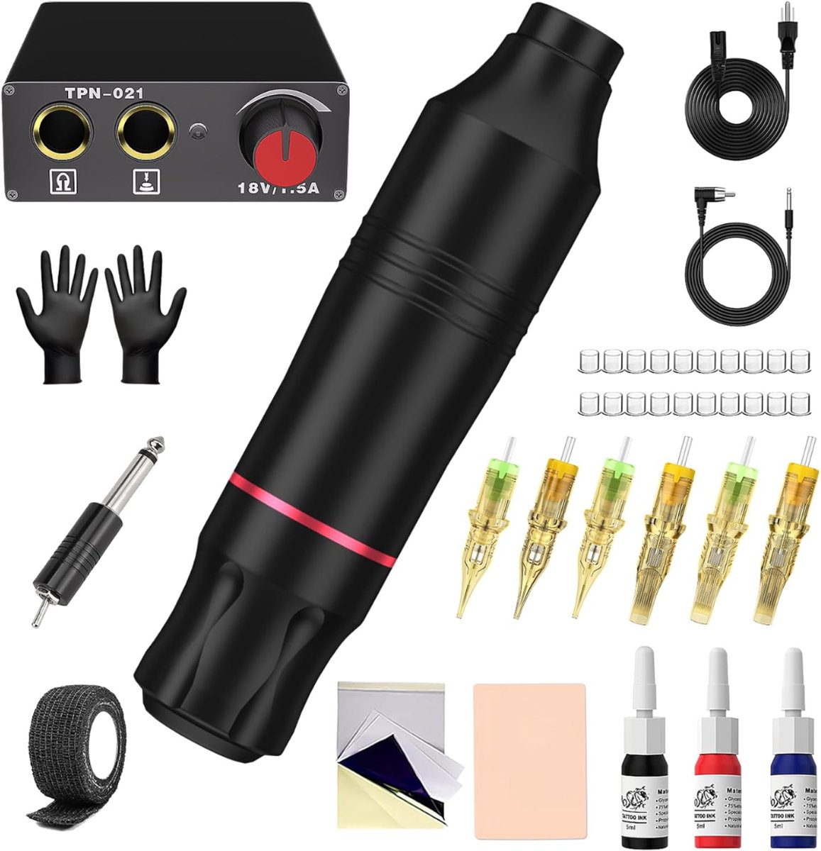 Tattoo Machine met Accessoires - Tattoo kit Draadloos - Complete Set - Zwart met rode accenten