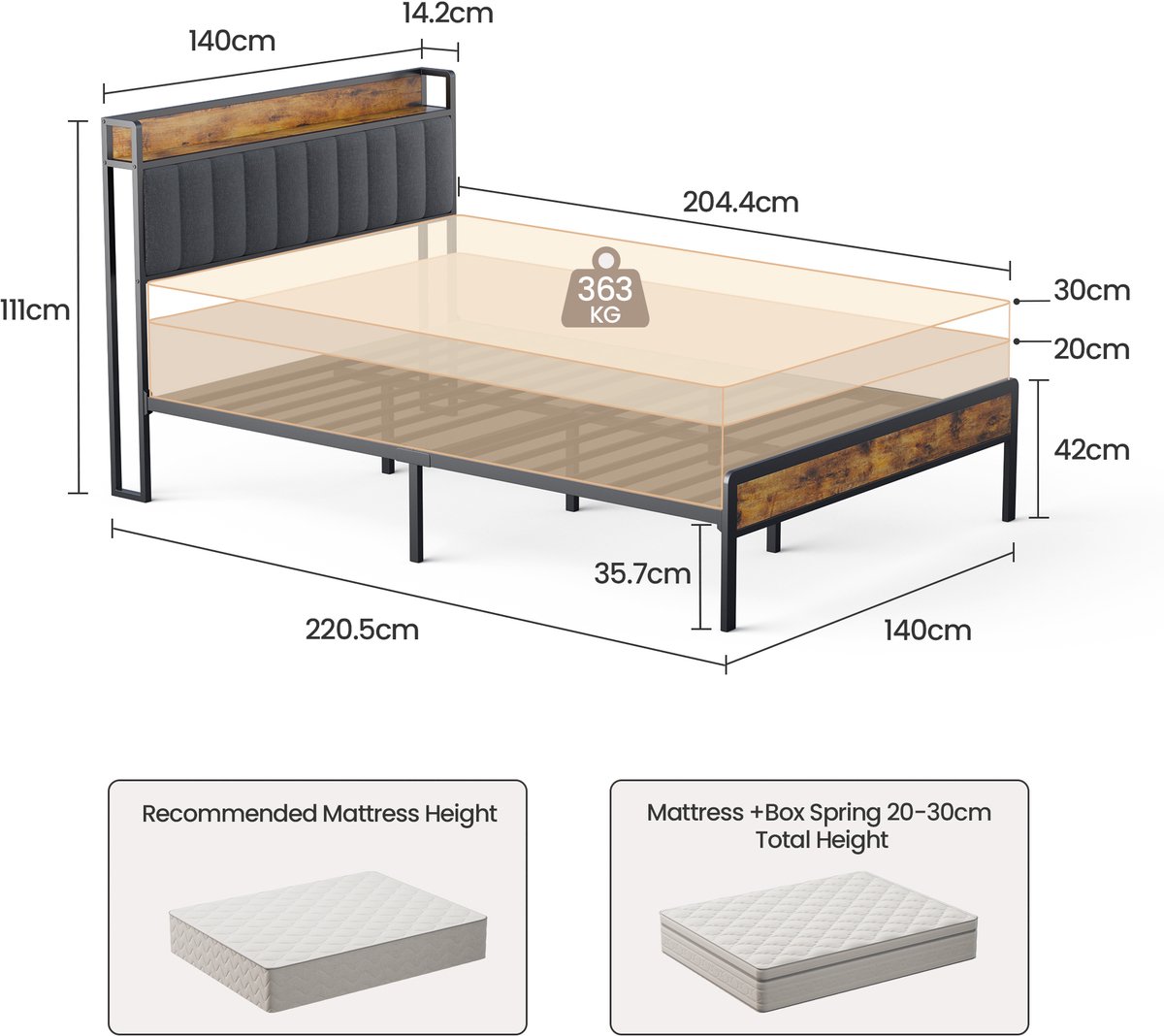 Xbro Gestoffeerd Bed 140 x 200 cm - Tweepersoonsbed met 35 cm Opbergruimte - Donkergrijs — cadeau in Cadeau-ideeën - foto 2
