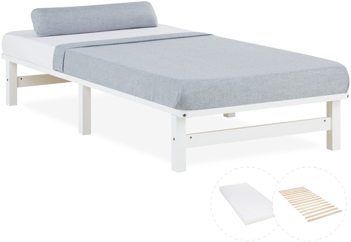 Homestyle4u Palletbed - 90x200 cm - Houten bed - met matras - Wit
