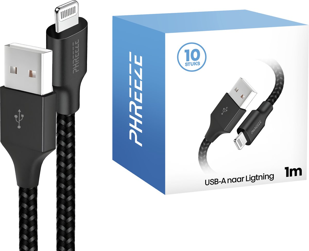 Grootverpakking geschikt voor Lightning usb oplaadkabel - 1m, 12w, stevig, zwart - Phreeze