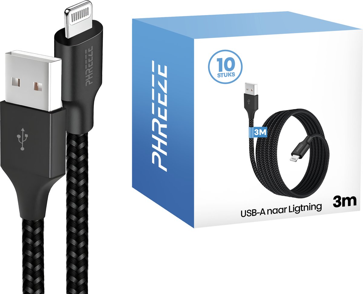 Grootverpakking geschikt voor Lightning usb oplaadkabel - 3m, 12w, stevig, zwart - Phreeze