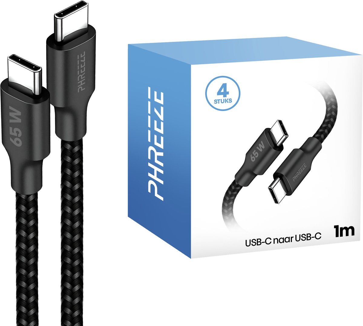Sterke usb C kabels 1 meter - Stevig nylon - 65w fast charge - 4 pack - Zwart - Phreeze