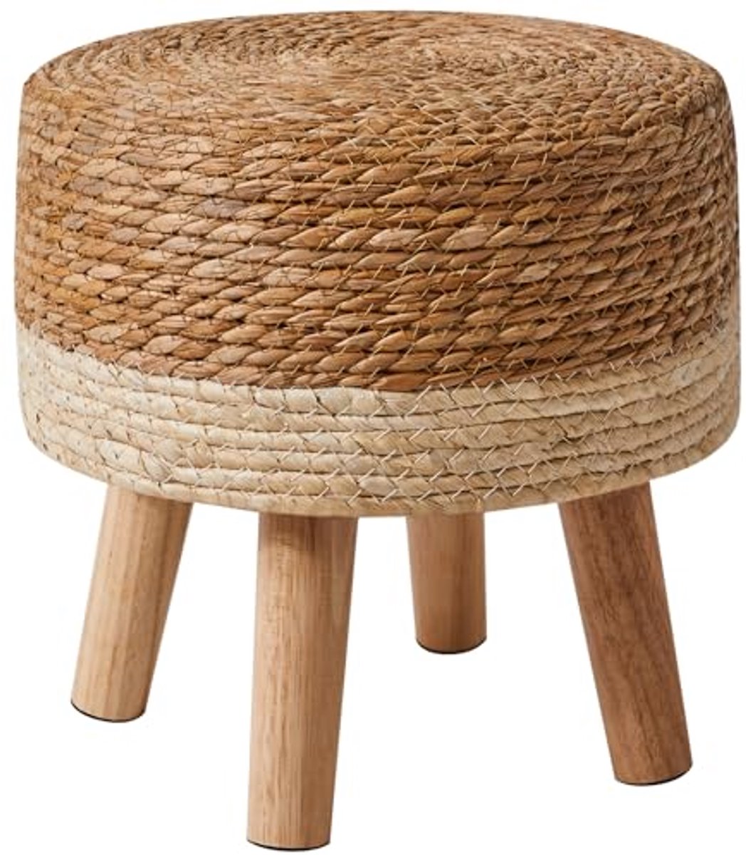 Ronde Houten Voetensteun - Handgeweven Zitting, Zacht Geïsoleerd, Multifunctioneel voor Woonkamer en Slaapkamer - 32 x 32 x 32 cm - Beige