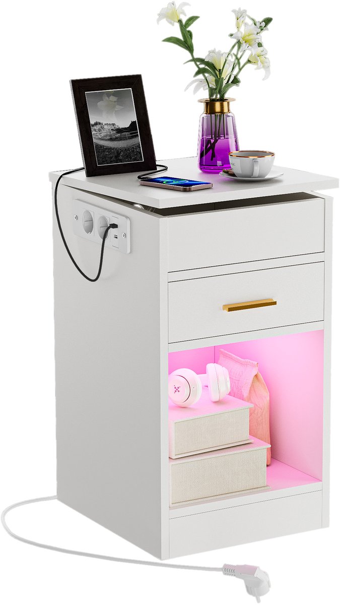 Nachtkastje-Wit nachtkastje - één lade - opklapbare kaptafel - nachtkastje - oplaadstation - open onderkant - 2 stopcontacten / 2 USB-poorten - slaapkamerverlichting - Europese stekker