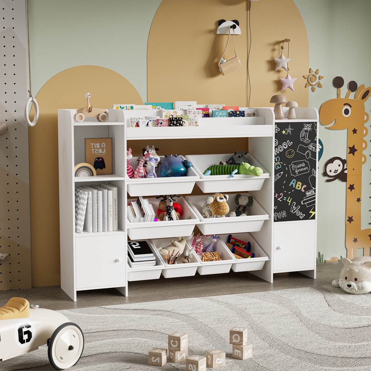 Multifunctionele kinderboekenkast, opbergplank, 4-laags, 2 deuren, 1 schoolborddecoratie, multifunctionele plank met 8 flexibele opbergvakken, kast voor slaapkamer, klaslokaal, kinderkamer, wit, 137x94,5x30cm