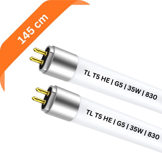 Twee witte TL-buizen van 145 cm met G5 fitting en gouden pinnen.