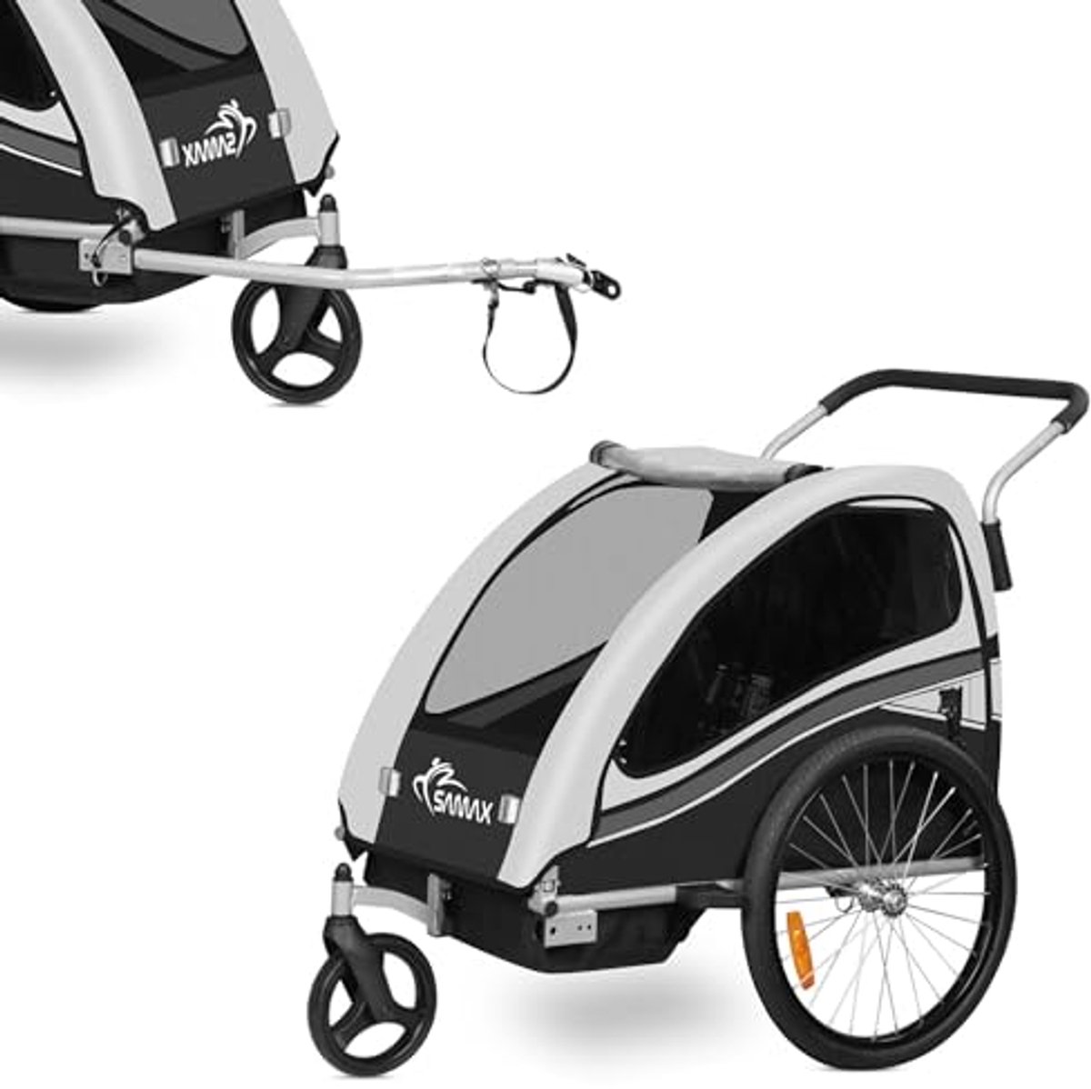 360° Zwenkbare Fietskar en Aanhangwagen 2-in-1 voor Kinderen - Geveerde Kinderfietskar in Grijs