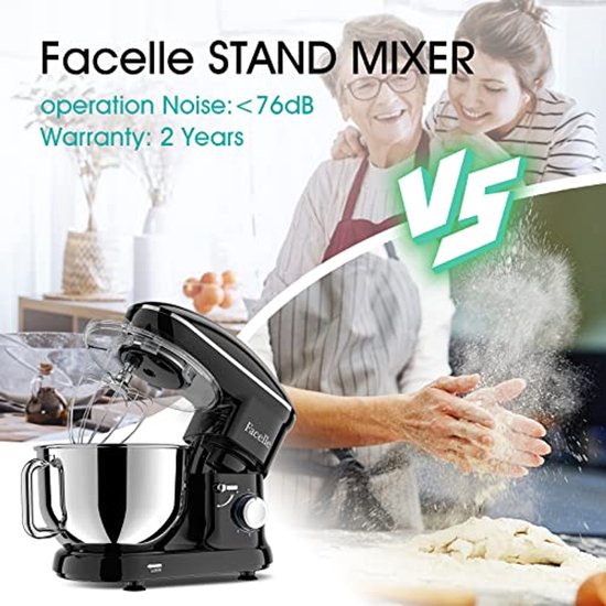 BEHOME Elektrische handmixer met roterende kom van staal, 3 liter, ledlicht 300 W en 5 instelbare snelheden, garde en kneedhaak
