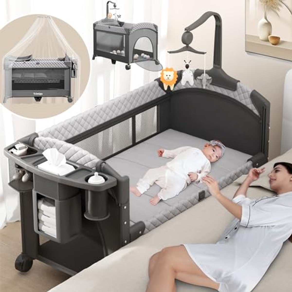4-in-1 Babybed - Hoogte Verstelbaar Reisbed met Aankleedkussen, Box en Muggennet - 120 x 70 cm - Tot 15 kg