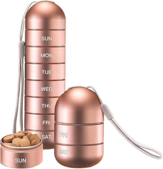 Pilulier hebdomadaire en métal Sander Shop, boîte à pilules empilable et étanche, pour voyage et randonnée, 7 jours, affichage de la date, grand compartiment pour pilules, vitamines, gélules, huile de poisson et compléments alimentaires – Or rose