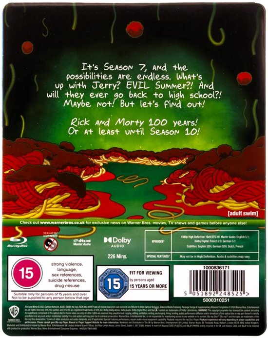 De achterkant van de Blu-ray hoes van Rick en Morty seizoen 7. Spaghettislierten met rode ballen en zwarte rook.