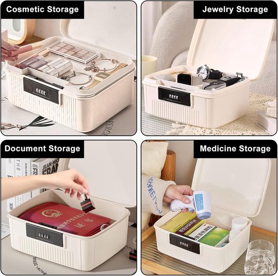 Collage toont off-white opbergbox met cijferslot voor cosmetica, sieraden, documenten en medicijnen. Afmetingen 26,2 x 22 x 12,1 cm.