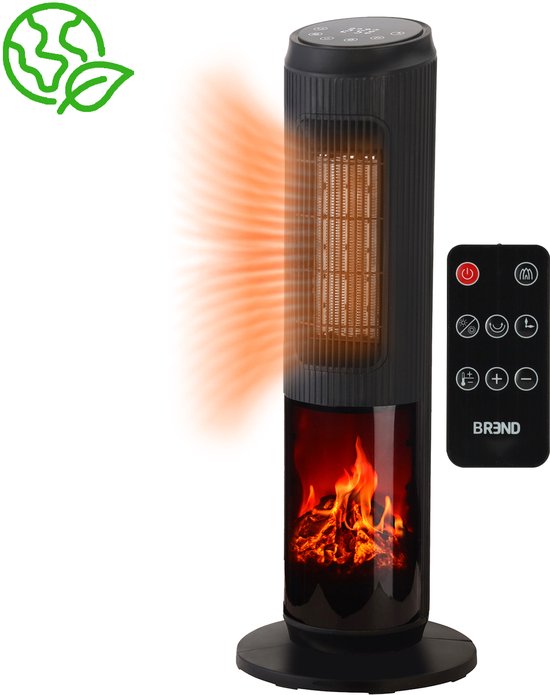 BREND BR-2222 Elektrische Kachel met Sfeerhaard en Thermostaat 18-45 °C – Keramische Ventilatorkachel – Verwarming met Swingfunctie – Timer – Zwart