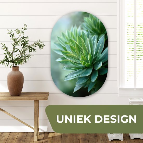 Muurovaal 60x90 cm - Ovale wanddecoratie Blad - Plant - Groen - Textuur - Ovalen schilderij - Muurdecoratie woonkamer - Kamer decoratie - Schilderijen - Wandcirkel