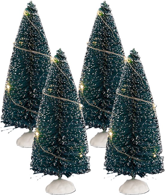 Feeric Christmas Kerstdorp mini kerstboompjes - 4x st - 15 cm - verlicht - 20 witte LED lampjes - kleine kerstdorp boompjes