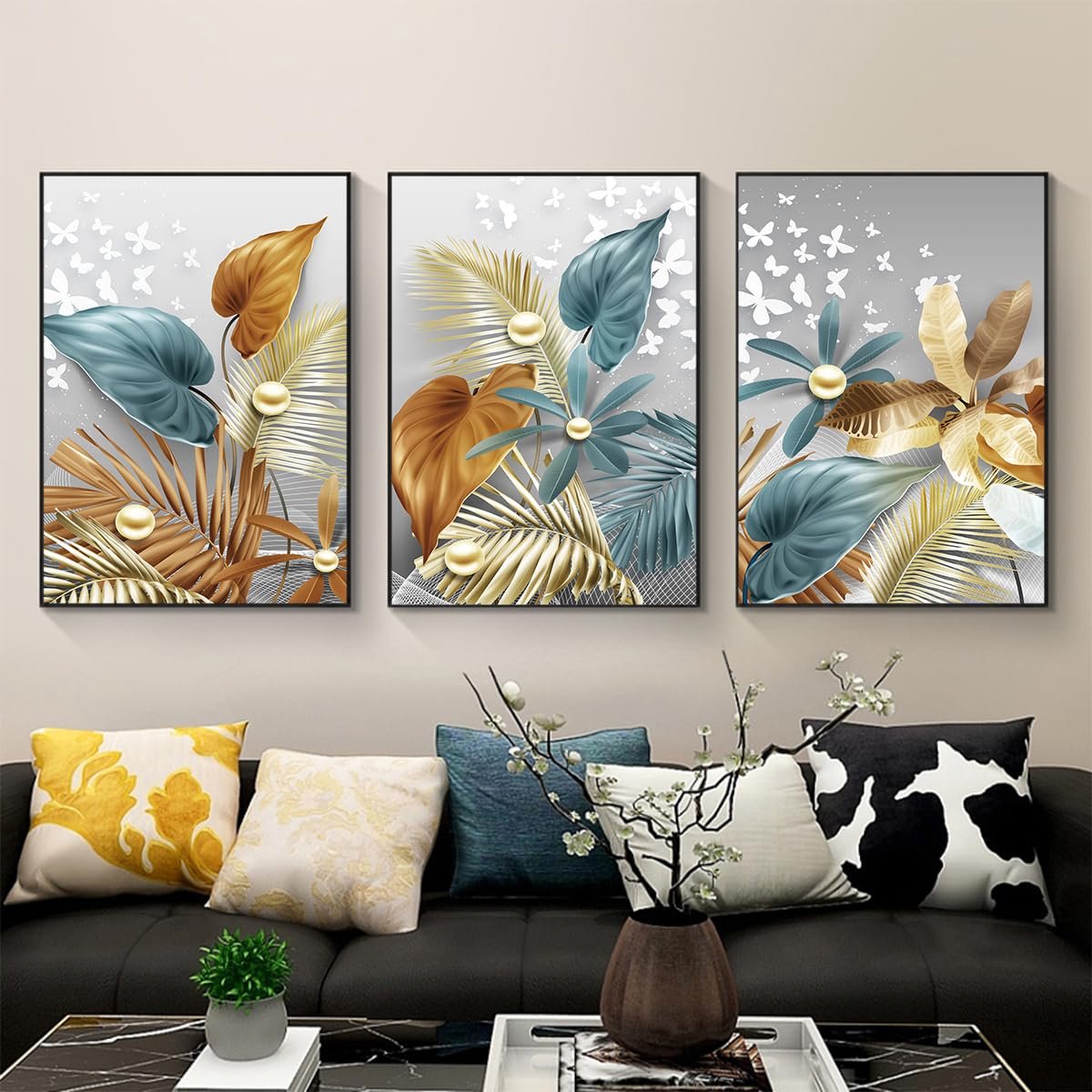 Azomor® Set van drie kunstposters met gouden ginkgo bladeren voor stijlvolle muurdecoratie