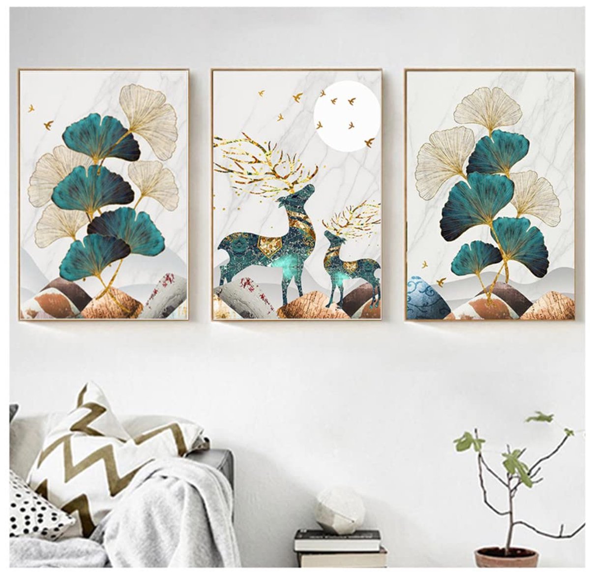 Azomor® Set van drie moderne canvas posters met abstracte plantenprints voor wanddecoratie